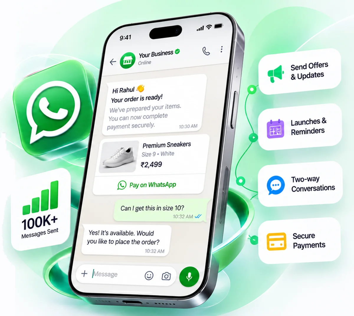 A WhatsApp chat on a phone: a business tells Rahul his order is ready, shows the sneakers with a payment button, and answers his question about size 10, with cards for offers, launches, two-way conversations and payments