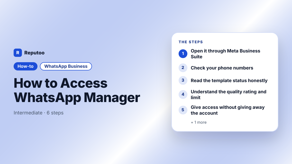 How to Access WhatsApp Manager: Open it through Meta Business Suite, Check your phone numbers, Read the template status honestly, Understand the quality rating and limit, Give access without giving away the account