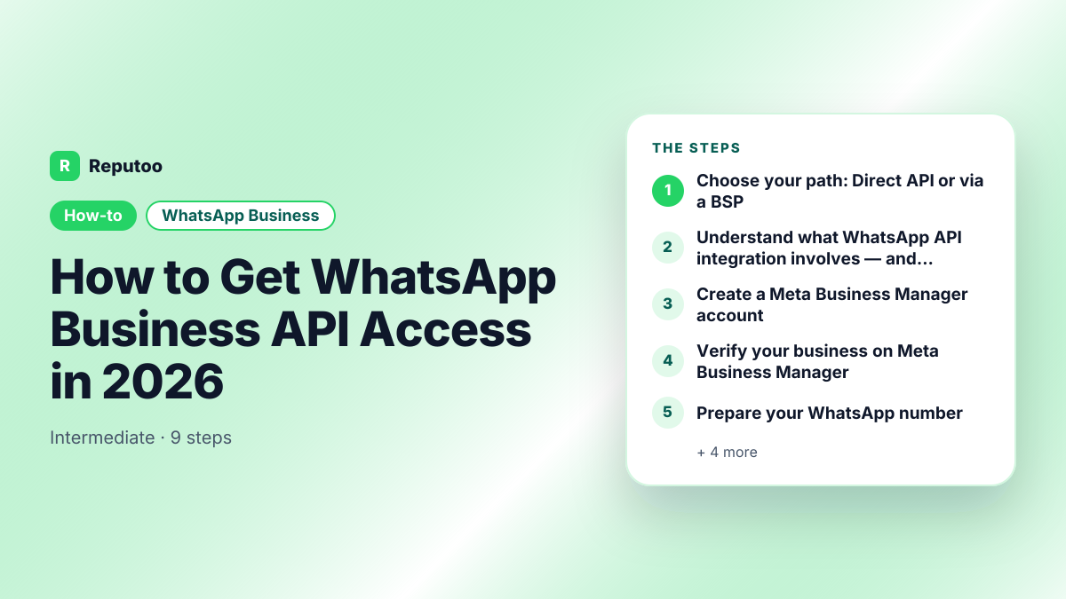 How to Get WhatsApp Business API Access in 2026: Choose your path: Direct API or via a BSP, Understand what WhatsApp API integration involves — and whether it is free, Create a Meta Business Manager account, Verify your business on Meta Business Manager, Prepare your WhatsApp number