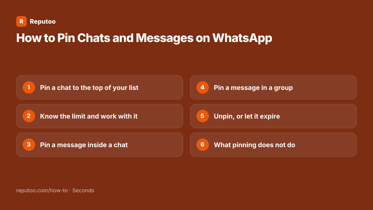All 6 steps: 1. Pin a chat to the top of your list 2. Know the limit and work with it 3. Pin a message inside a chat 4. Pin a message in a group 5. Unpin, or let it expire 6. What pinning does not do