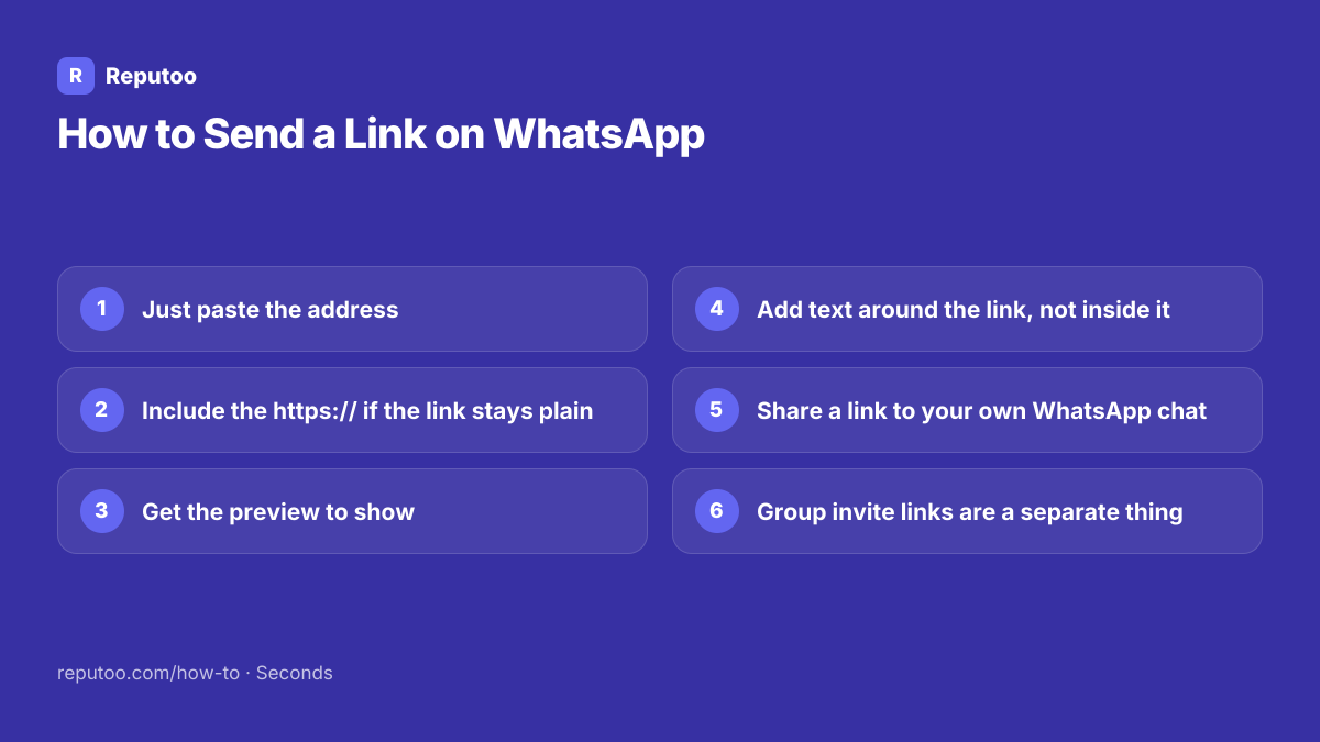 All 6 steps: 1. Just paste the address 2. Include the https:// if the link stays plain 3. Get the preview to show 4. Add text around the link, not inside it 5. Share a link to your own WhatsApp chat 6. Group invite links are a separate thing