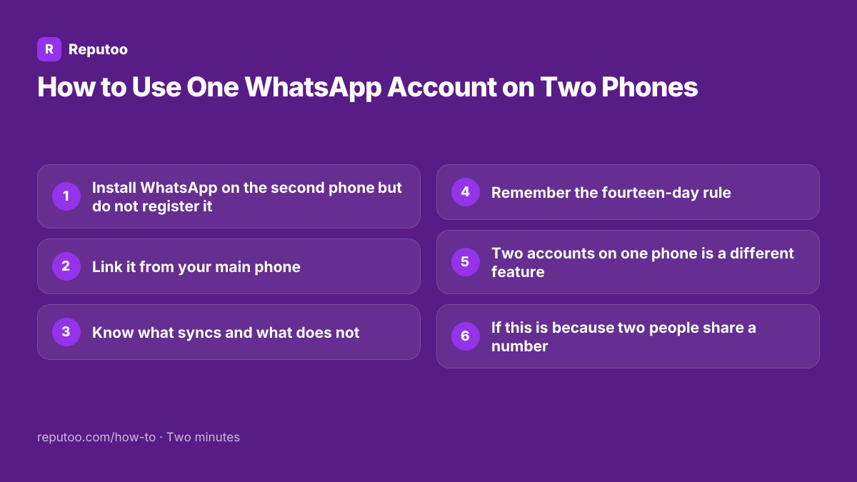 All 6 steps: 1. Install WhatsApp on the second phone but do not register it 2. Link it from your main phone 3. Know what syncs and what does not 4. Remember the fourteen-day rule 5. Two accounts on one phone is a different feature 6. If this is because two people share a number