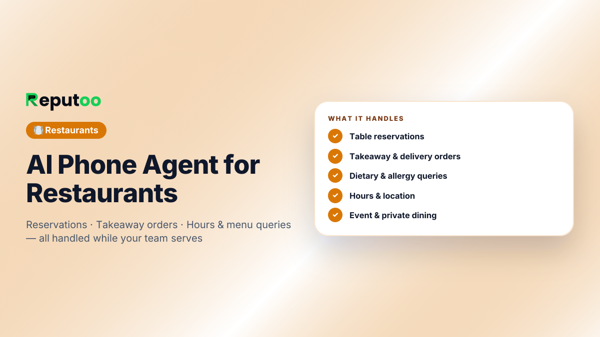 AI Phone Agent for Restaurants: Table reservations, Takeaway & delivery orders, Dietary & allergy queries, Hours & location, Event & private dining, Table capacity that is real