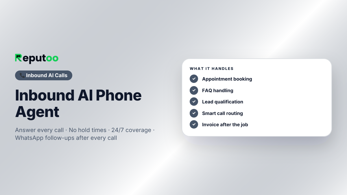 Inbound AI Phone Agent: Appointment booking, FAQ handling, Lead qualification, Smart call routing, Invoice after the job, Multilingual inbound