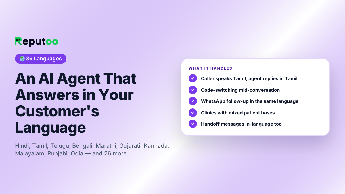 An AI Agent That Answers in Your Customer's Language: Caller speaks Tamil, agent replies in Tamil, Code-switching mid-conversation, WhatsApp follow-up in the same language, Clinics with mixed patient bases, Handoff messages in-language too, Beyond India