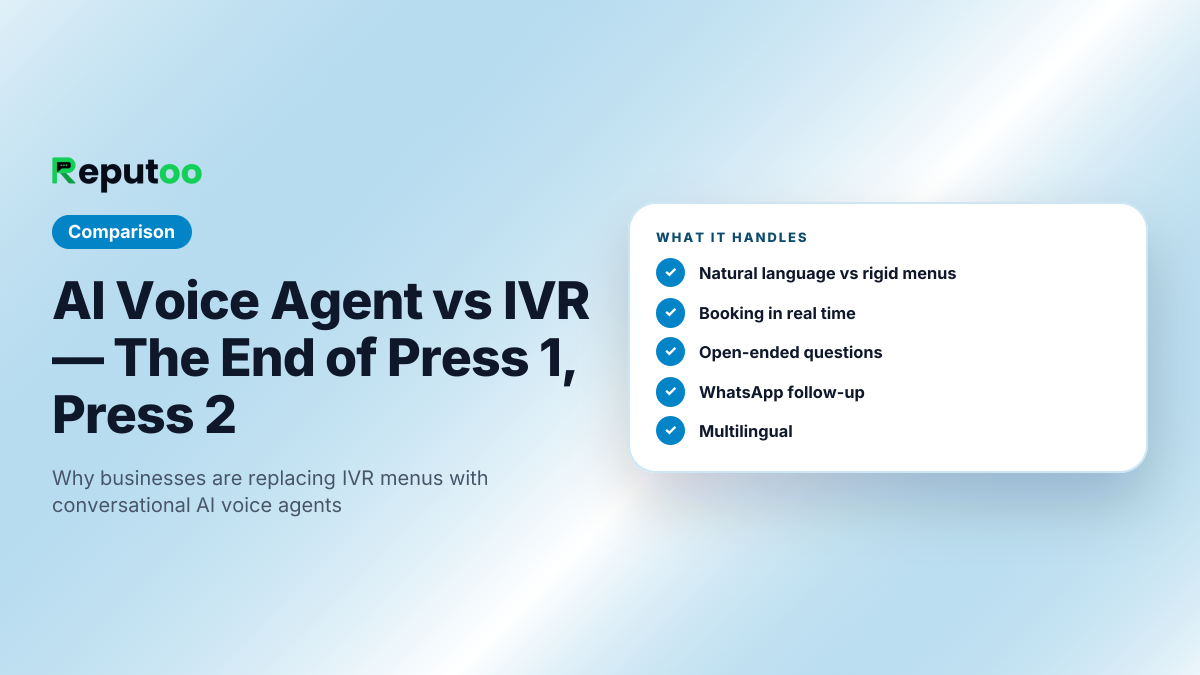 AI Voice Agent vs IVR — The End of Press 1, Press 2: Natural language vs rigid menus, Booking in real time, Open-ended questions, WhatsApp follow-up, Multilingual, Analytics & transcripts