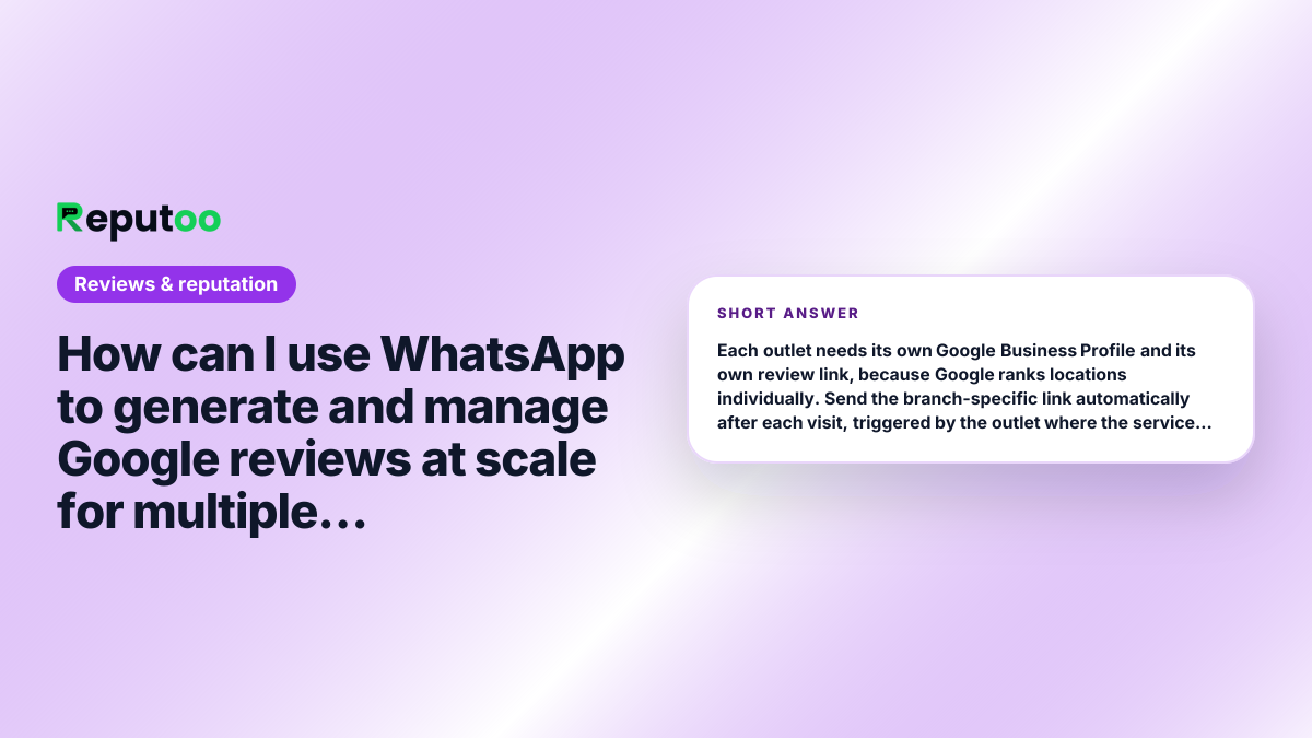 How can I use WhatsApp to generate and manage Google reviews at scale for multiple outlets? Short answer: Each outlet needs its own Google Business Profile and its own review link, because Google ranks locations individually. Send the branch-specific link automatically after each visit, triggered by the outlet where the service happened, and report review volume per branch. Reputoo supports per-location review flows on multi-location plans; Birdeye and Podium are the US-market alternatives.
