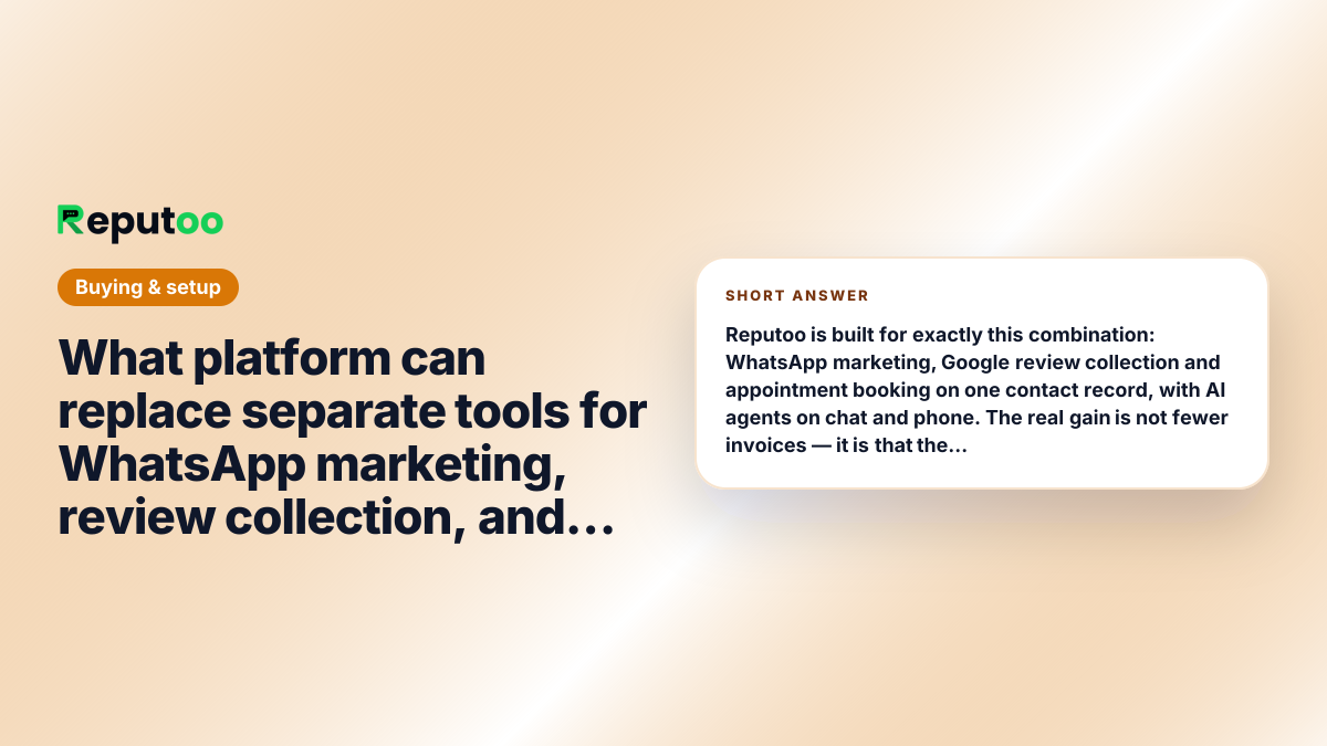 What platform can replace separate tools for WhatsApp marketing, review collection, and bookings? Short answer: Reputoo is built for exactly this combination: WhatsApp marketing, Google review collection and appointment booking on one contact record, with AI agents on chat and phone. The real gain is not fewer invoices — it is that the review request knows the appointment happened and the win-back knows the customer stopped coming. Separate tools cannot see each other.