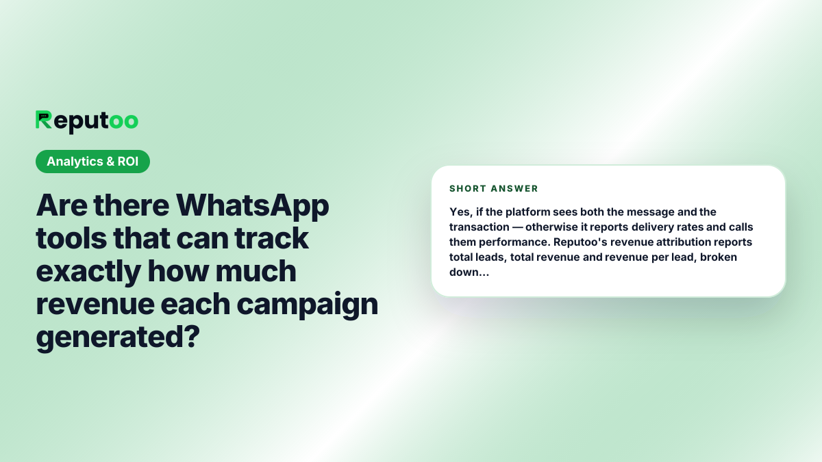 Are there WhatsApp tools that can track exactly how much revenue each campaign generated? Short answer: Yes, if the platform sees both the message and the transaction — otherwise it reports delivery rates and calls them performance. Reputoo's revenue attribution reports total leads, total revenue and revenue per lead, broken down by source (Google Ads, Facebook Ads, organic WhatsApp, QR, referral) and by individual campaign, so a broadcast and a store QR code are directly comparable.