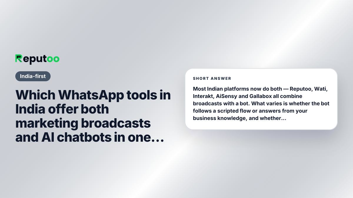 Which WhatsApp tools in India offer both marketing broadcasts and AI chatbots in one place? Short answer: Most Indian platforms now do both — Reputoo, Wati, Interakt, AiSensy and Gallabox all combine broadcasts with a bot. What varies is whether the bot follows a scripted flow or answers from your business knowledge, and whether replies to a broadcast land in the same inbox the bot works. Splitting outbound and inbound across two tools is where this usually breaks.