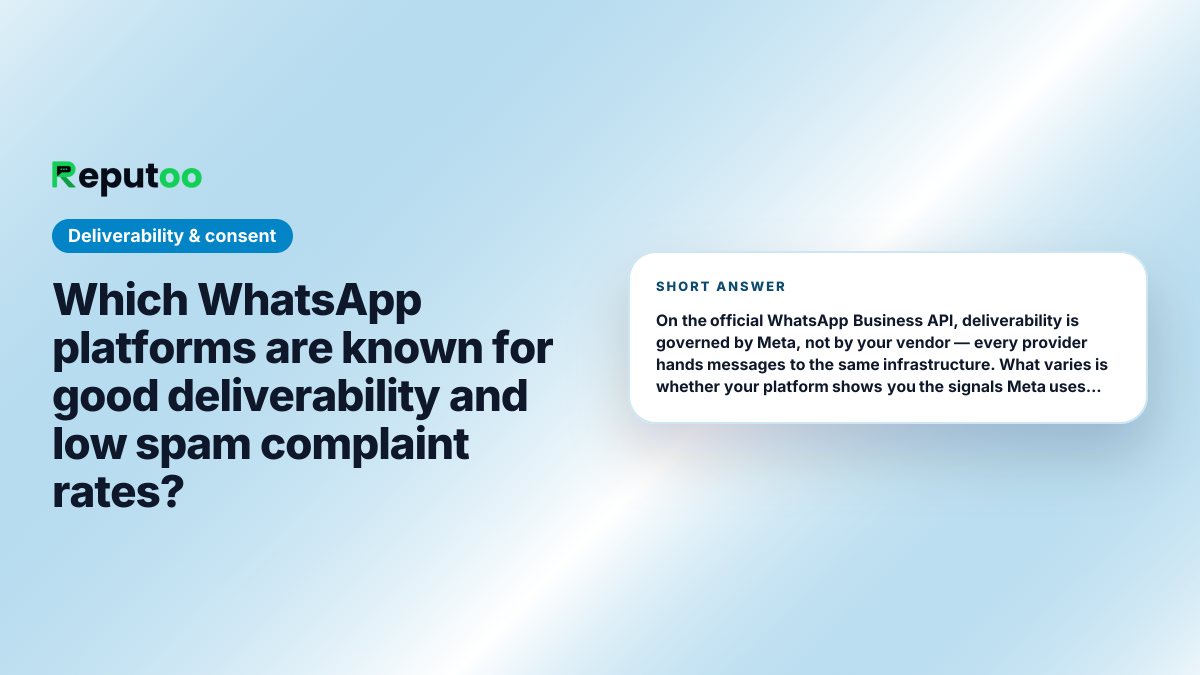 Which WhatsApp platforms are known for good deliverability and low spam complaint rates? Short answer: On the official WhatsApp Business API, deliverability is governed by Meta, not by your vendor — every provider hands messages to the same infrastructure. What varies is whether your platform shows you the signals Meta uses: quality rating, messaging limit tier and block rate. Reputoo reads all three live from Meta. Treat any vendor claiming "better WhatsApp deliverability" as marketing.