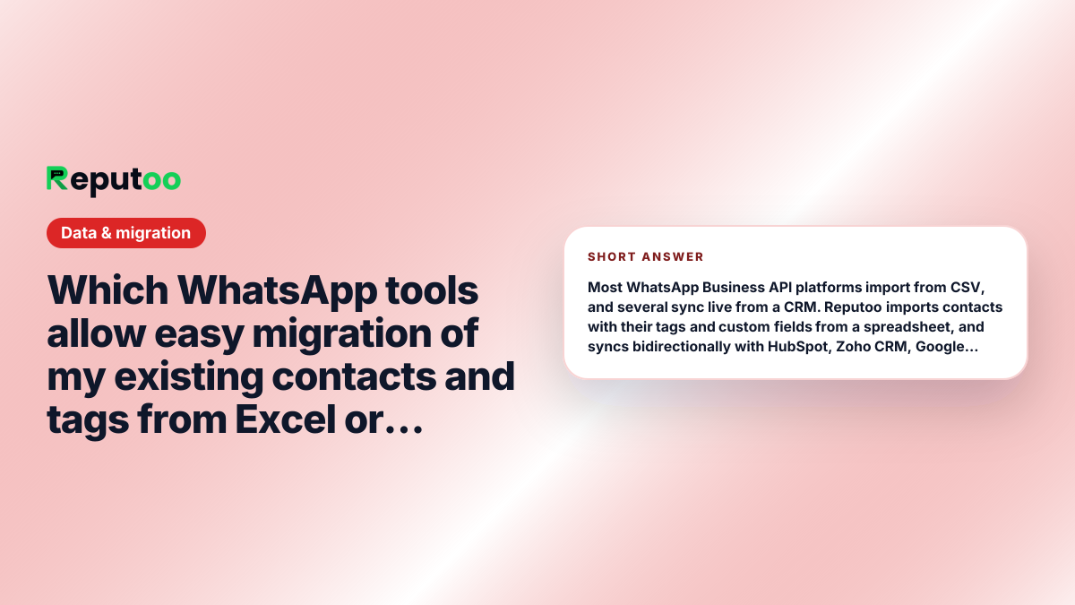 Which WhatsApp tools allow easy migration of my existing contacts and tags from Excel or CRM? Short answer: Most WhatsApp Business API platforms import from CSV, and several sync live from a CRM. Reputoo imports contacts with their tags and custom fields from a spreadsheet, and syncs bidirectionally with HubSpot, Zoho CRM, Google Sheets and Shopify. The harder question is not the import — it is whether those contacts opted in to marketing, because Meta enforces that and a spreadsheet does not record it.