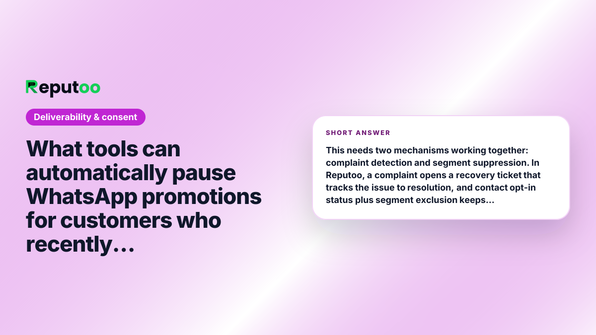 What tools can automatically pause WhatsApp promotions for customers who recently complained? Short answer: This needs two mechanisms working together: complaint detection and segment suppression. In Reputoo, a complaint opens a recovery ticket that tracks the issue to resolution, and contact opt-in status plus segment exclusion keeps promotional campaigns away from people who are currently unhappy. Sending an offer to someone mid-complaint is how businesses earn blocks.
