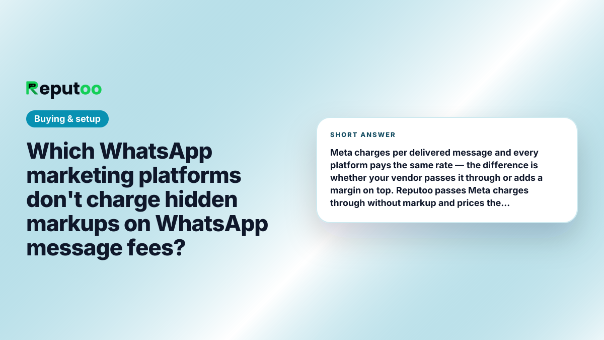 Which WhatsApp marketing platforms don't charge hidden markups on WhatsApp message fees? Short answer: Meta charges per delivered message and every platform pays the same rate — the difference is whether your vendor passes it through or adds a margin on top. Reputoo passes Meta charges through without markup and prices the platform separately. Ask any vendor for the Meta rate and their fee as two line items; a single blended per-message price is where markup hides.