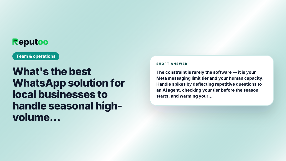 What's the best WhatsApp solution for local businesses to handle seasonal high-volume queries? Short answer: The constraint is rarely the software — it is your Meta messaging limit tier and your human capacity. Handle spikes by deflecting repetitive questions to an AI agent, checking your tier before the season starts, and warming your number early rather than the week of Diwali. Reputoo surfaces your live tier and quality rating so the ceiling is visible in advance.