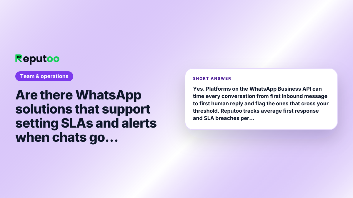 Are there WhatsApp solutions that support setting SLAs and alerts when chats go unanswered too long? Short answer: Yes. Platforms on the WhatsApp Business API can time every conversation from first inbound message to first human reply and flag the ones that cross your threshold. Reputoo tracks average first response and SLA breaches per agent, and escalates unanswered chats out of the AI queue to a human. Wati, Respond.io and Zendesk offer similar SLA timers.