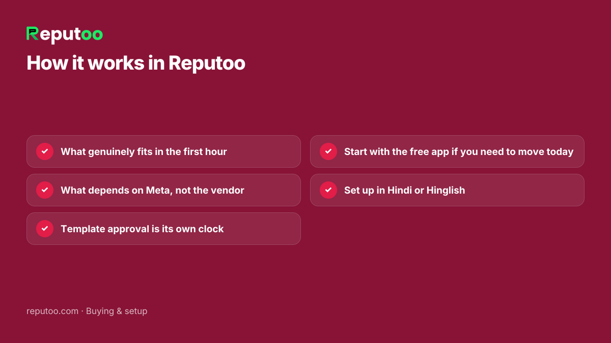 How it works in Reputoo: What genuinely fits in the first hour; What depends on Meta, not the vendor; Template approval is its own clock; Start with the free app if you need to move today; Set up in Hindi or Hinglish