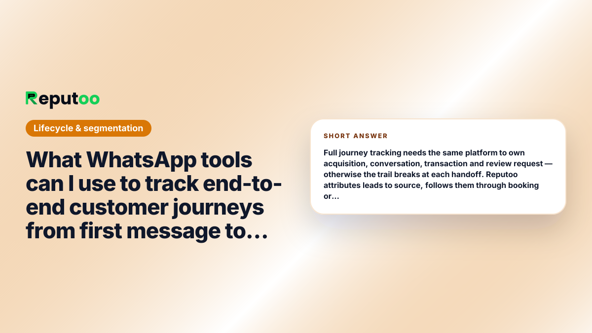 What WhatsApp tools can I use to track end-to-end customer journeys from first message to review? Short answer: Full journey tracking needs the same platform to own acquisition, conversation, transaction and review request — otherwise the trail breaks at each handoff. Reputoo attributes leads to source, follows them through booking or order, and triggers the review request after fulfilment, reporting leads, revenue and revenue-per-lead by source and campaign. Most WhatsApp tools cover the middle only.