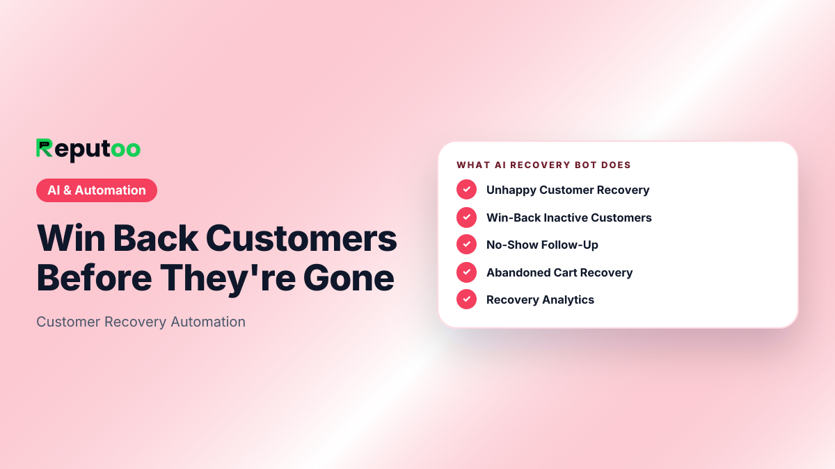 AI Recovery Bot: Unhappy Customer Recovery, Win-Back Inactive Customers, No-Show Follow-Up, Abandoned Cart Recovery, Recovery Analytics, Fully Configurable