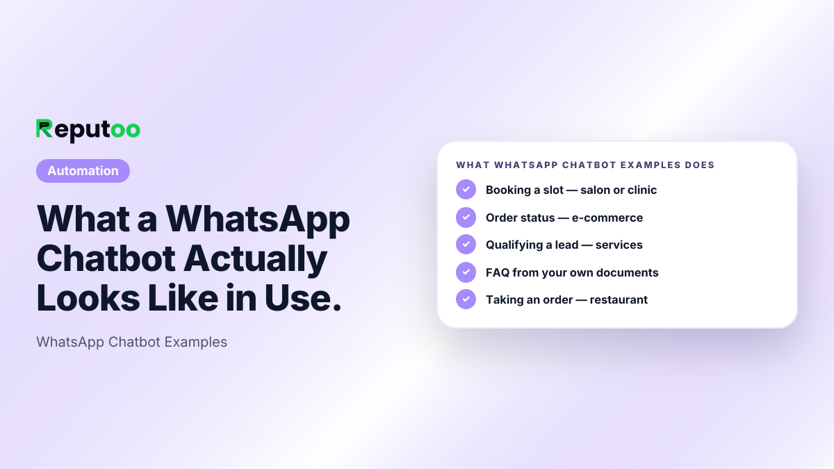 WhatsApp Chatbot Examples: Booking a slot — salon or clinic, Order status — e-commerce, Qualifying a lead — services, FAQ from your own documents, Taking an order — restaurant, Winning back a lapsed customer