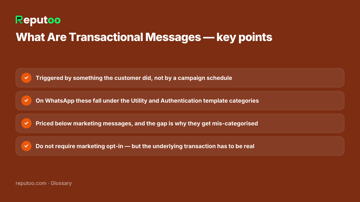 Key points: Triggered by something the customer did, not by a campaign schedule; On WhatsApp these fall under the Utility and Authentication template categories; Priced below marketing messages, and the gap is why they get mis-categorised; Do not require marketing opt-in — but the underlying transaction has to be real