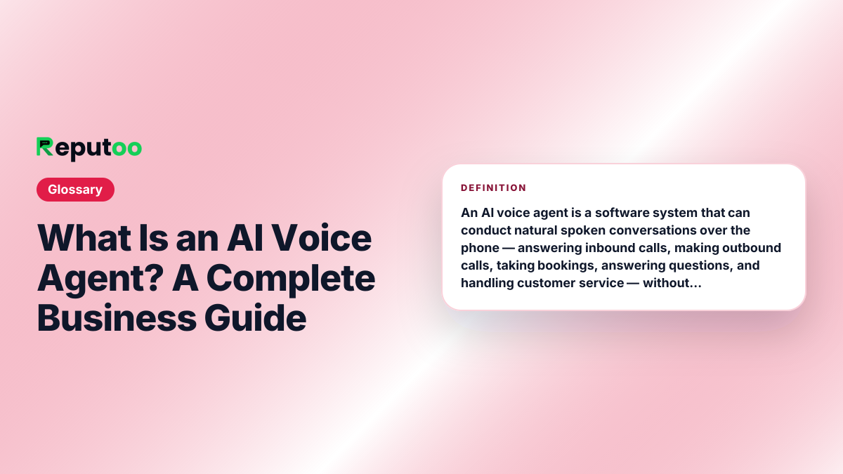 What Is an AI Voice Agent? A Complete Business Guide — definition: An AI voice agent is a software system that can conduct natural spoken conversations over the phone — answering inbound calls, making outbound calls, taking bookings, answering questions, and handling customer service — without any human involvement, 24 hours a day.