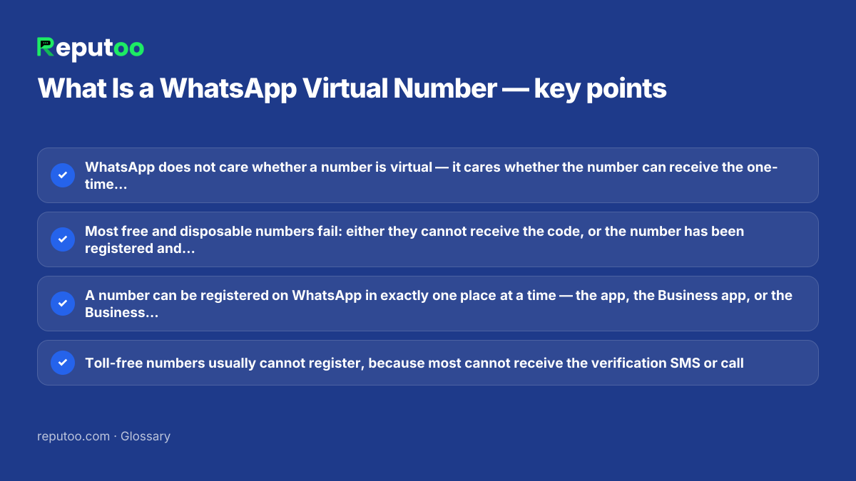 Key points: WhatsApp does not care whether a number is virtual — it cares whether the number can receive the one-time verification code; Most free and disposable numbers fail: either they cannot receive the code, or the number has been registered and banned before; A number can be registered on WhatsApp in exactly one place at a time — the app, the Business app, or the Business Platform; Toll-free numbers usually cannot register, because most cannot receive the verification SMS or call