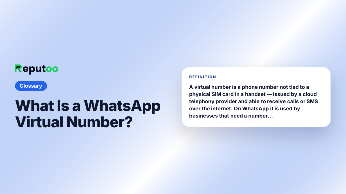 What Is a WhatsApp Virtual Number? — definition: A virtual number is a phone number not tied to a physical SIM card in a handset — issued by a cloud telephony provider and able to receive calls or SMS over the internet. On WhatsApp it is used by businesses that need a number separate from anyone’s personal phone, that want a number in a country where they have no office, or that need a line several staff can work at once.