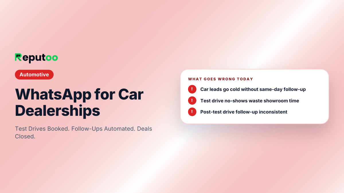 Where car dealerships lose customers today: Car leads go cold without same-day follow-up; Test drive no-shows waste showroom time; Post-test drive follow-up inconsistent