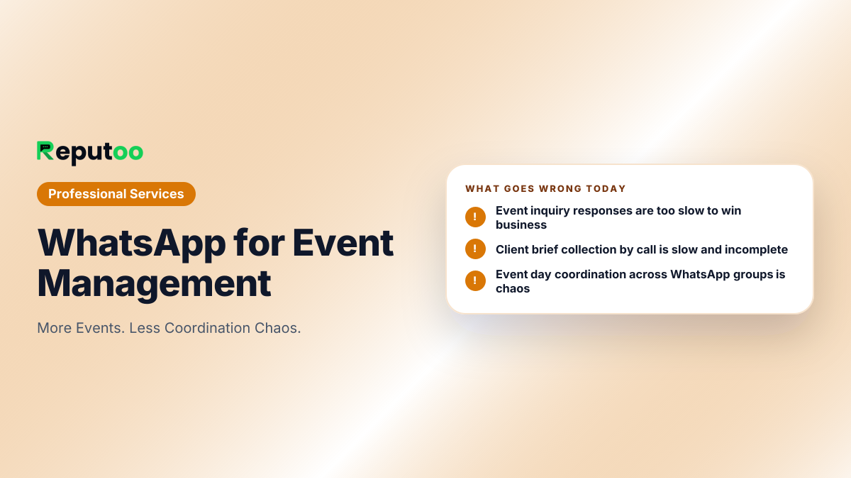 Where event management lose customers today: Event inquiry responses are too slow to win business; Client brief collection by call is slow and incomplete; Event day coordination across WhatsApp groups is chaos