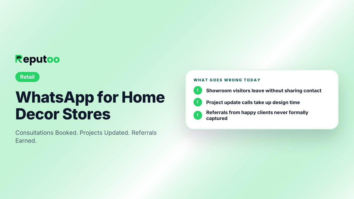 Where home decor stores lose customers today: Showroom visitors leave without sharing contact; Project update calls take up design time; Referrals from happy clients never formally captured