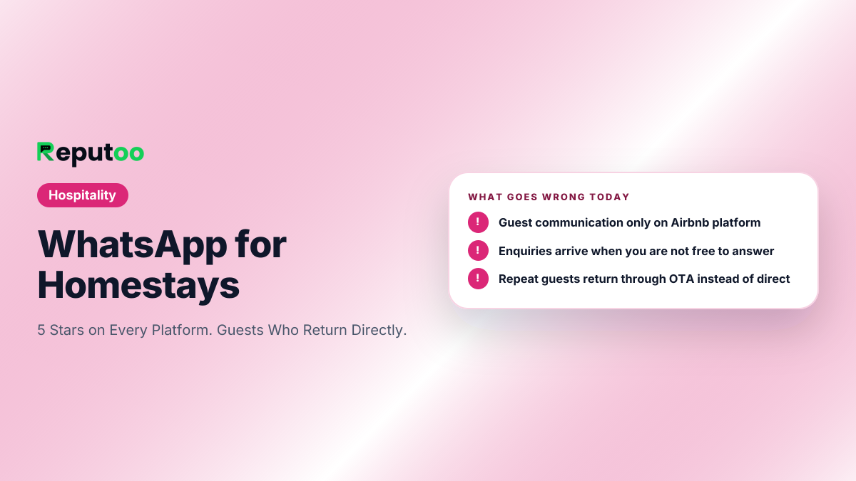 Where homestays lose customers today: Guest communication only on Airbnb platform; Enquiries arrive when you are not free to answer; Repeat guests return through OTA instead of direct