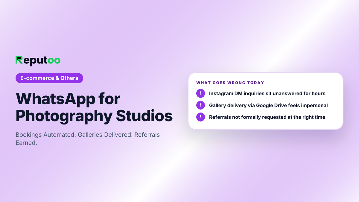 Where photography studios lose customers today: Instagram DM inquiries sit unanswered for hours; Gallery delivery via Google Drive feels impersonal; Referrals not formally requested at the right time