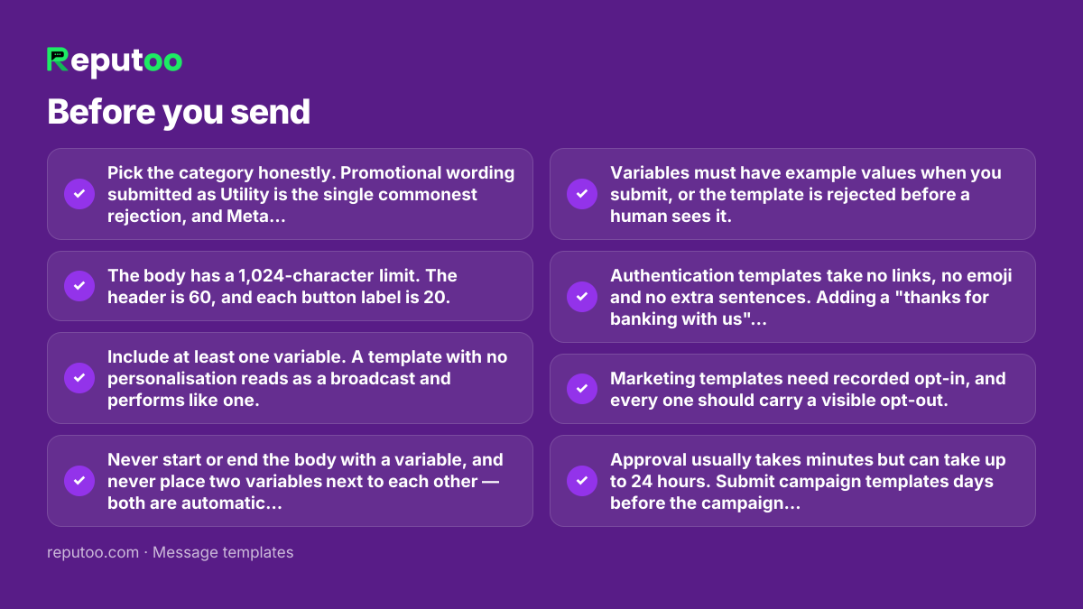 Before you send: Pick the category honestly. Promotional wording submitted as Utility is the single commonest rejection, and Meta re-categorises what it disagrees with. The body has a 1,024-character limit. The header is 60, and each button label is 20. Include at least one variable. A template with no personalisation reads as a broadcast and performs like one. Never start or end the body with a variable, and never place two variables next to each other — both are automatic rejections. Variables must have example values when you submit, or the template is rejected before a human sees it. Authentication templates take no links, no emoji and no extra sentences. Adding a "thanks for banking with us" line will get one refused. Marketing templates need recorded opt-in, and every one should carry a visible opt-out. Approval usually takes minutes but can take up to 24 hours. Submit campaign templates days before the campaign, not the morning of it. A template that accumulates blocks and reports gets paused whatever its approval status. Quality is judged after approval, continuously.