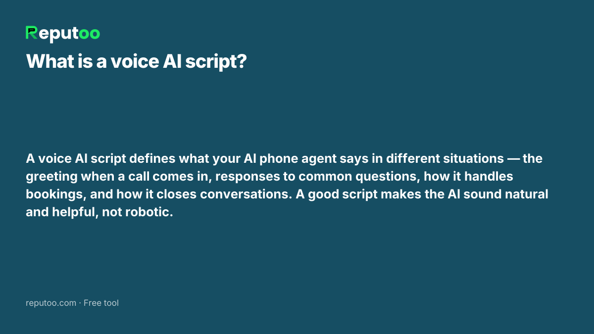 What is a voice AI script? A voice AI script defines what your AI phone agent says in different situations — the greeting when a call comes in, responses to common questions, how it handles bookings, and how it closes conversations. A good script makes the AI sound natural and helpful, not robotic.