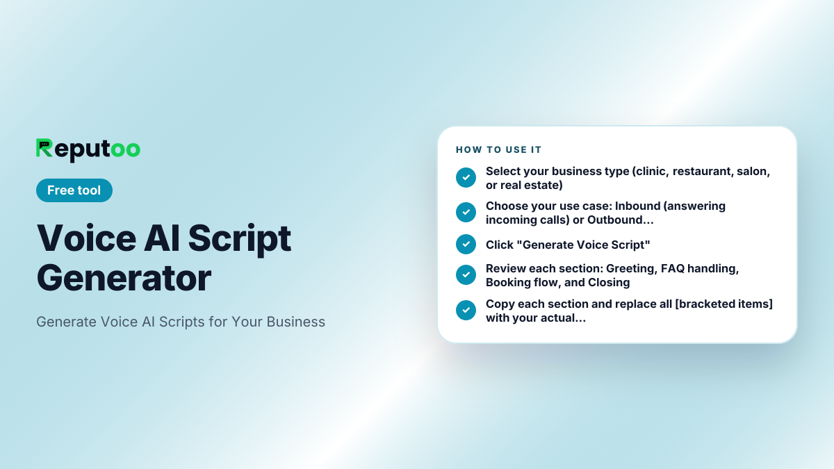 How to use the Voice AI Script Generator: Select your business type (clinic, restaurant, salon, or real estate); Choose your use case: Inbound (answering incoming calls) or Outbound (calling customers); Click "Generate Voice Script"; Review each section: Greeting, FAQ handling, Booking flow, and Closing; Copy each section and replace all [bracketed items] with your actual business details; Upload to your AI voice agent platform (Reputoo, Bland AI, Synthflow, etc.)