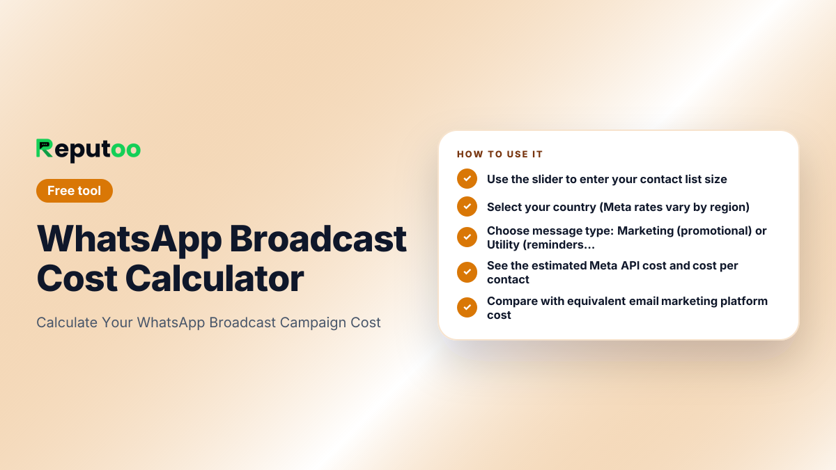 How to use the WhatsApp Broadcast Cost Calculator: Use the slider to enter your contact list size; Select your country (Meta rates vary by region); Choose message type: Marketing (promotional) or Utility (reminders, confirmations); See the estimated Meta API cost and cost per contact; Compare with equivalent email marketing platform cost