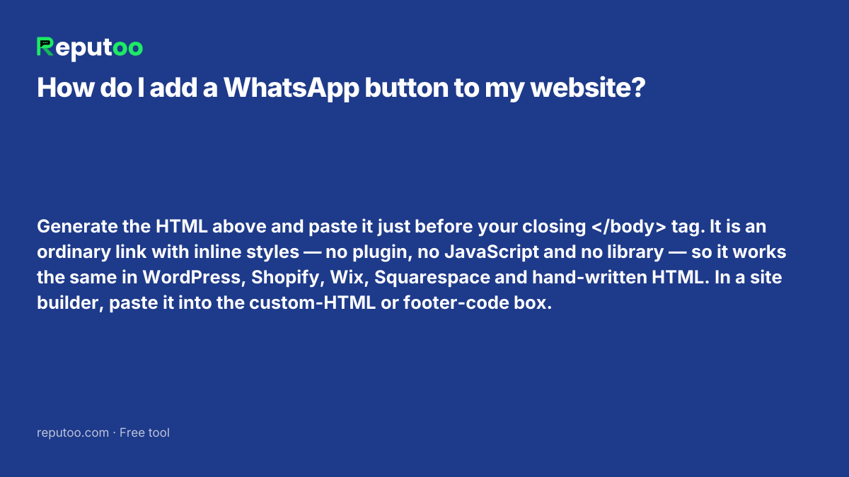 How do I add a WhatsApp button to my website? Generate the HTML above and paste it just before your closing </body> tag. It is an ordinary link with inline styles — no plugin, no JavaScript and no library — so it works the same in WordPress, Shopify, Wix, Squarespace and hand-written HTML. In a site builder, paste it into the custom-HTML or footer-code box.