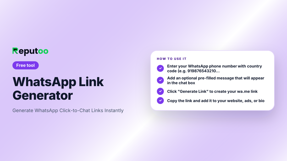 How to use the WhatsApp Link Generator: Enter your WhatsApp phone number with country code (e.g. 919876543210 for India); Add an optional pre-filled message that will appear in the chat box; Click "Generate Link" to create your wa.me link; Copy the link and add it to your website, ads, or bio
