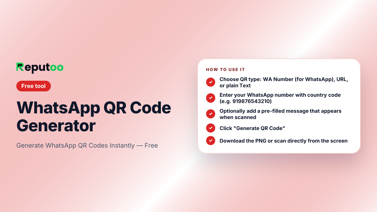 How to use the WhatsApp QR Code Generator: Choose QR type: WA Number (for WhatsApp), URL, or plain Text; Enter your WhatsApp number with country code (e.g. 919876543210); Optionally add a pre-filled message that appears when scanned; Click "Generate QR Code"; Download the PNG or scan directly from the screen